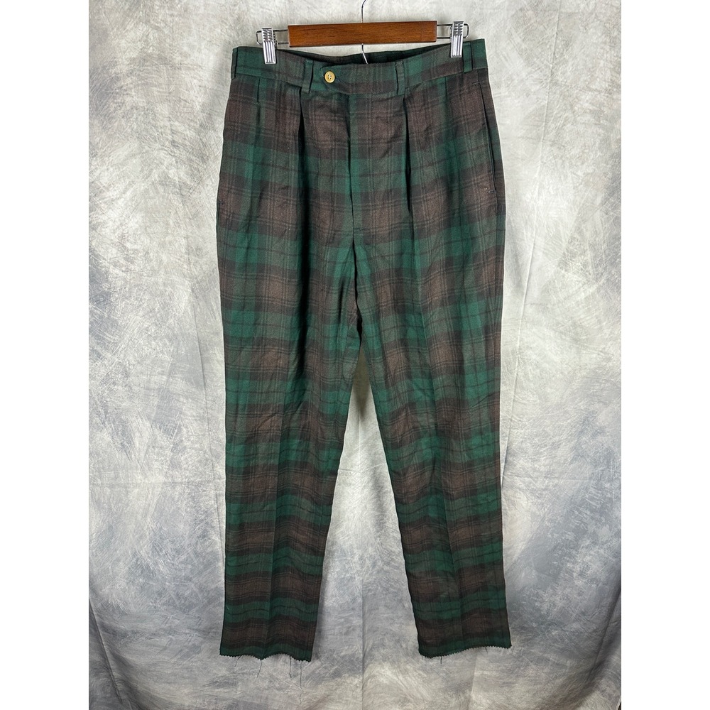 Bills Khakis Mens Plaid Pleated Trousers Green Brown Made USA Size 33 Unhemmed